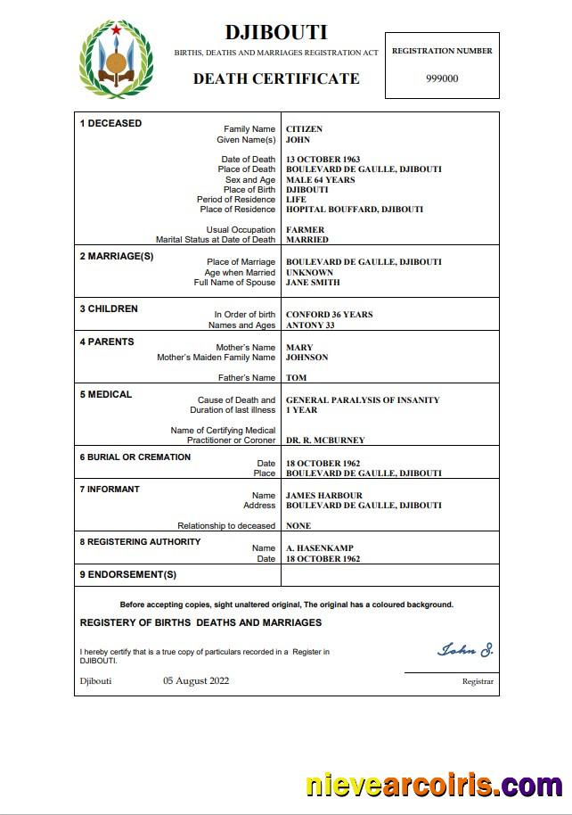 Djibouti death certificate